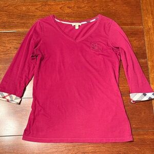 Burberry Girls' Magenta V-Neck Long Sleeve Top with Plaid Cuffs